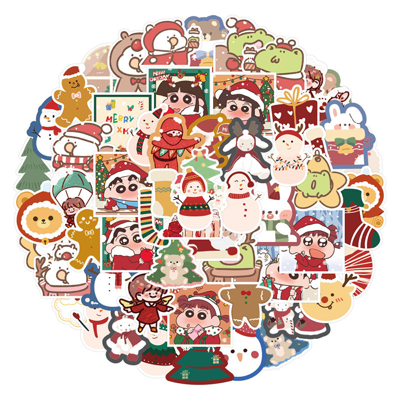 60Pcs Cute Japanese Style Christmas Crayon Shin Chan Graffiti Stickers For Gift Laptop Wall Decal