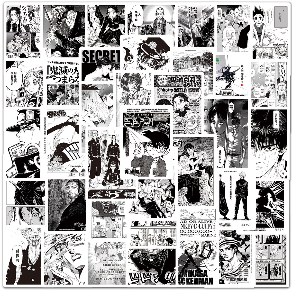 New 50Pcs Black and White Japanese Comic Manga Poster Stickers For Wall Phone Decor Waterproof Anime Sticker