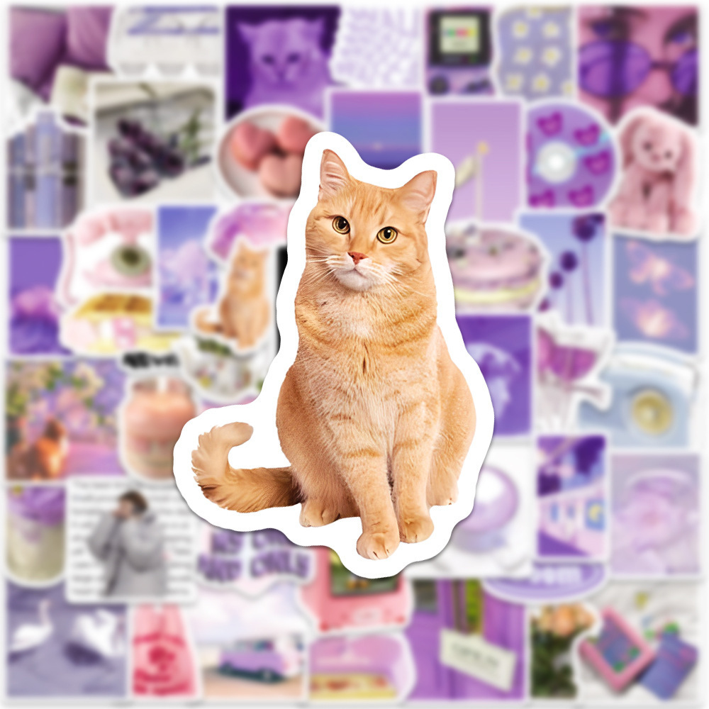 50PCS Aesthetic art cute cartoon cat butterfly romantic dreamy purple sticker