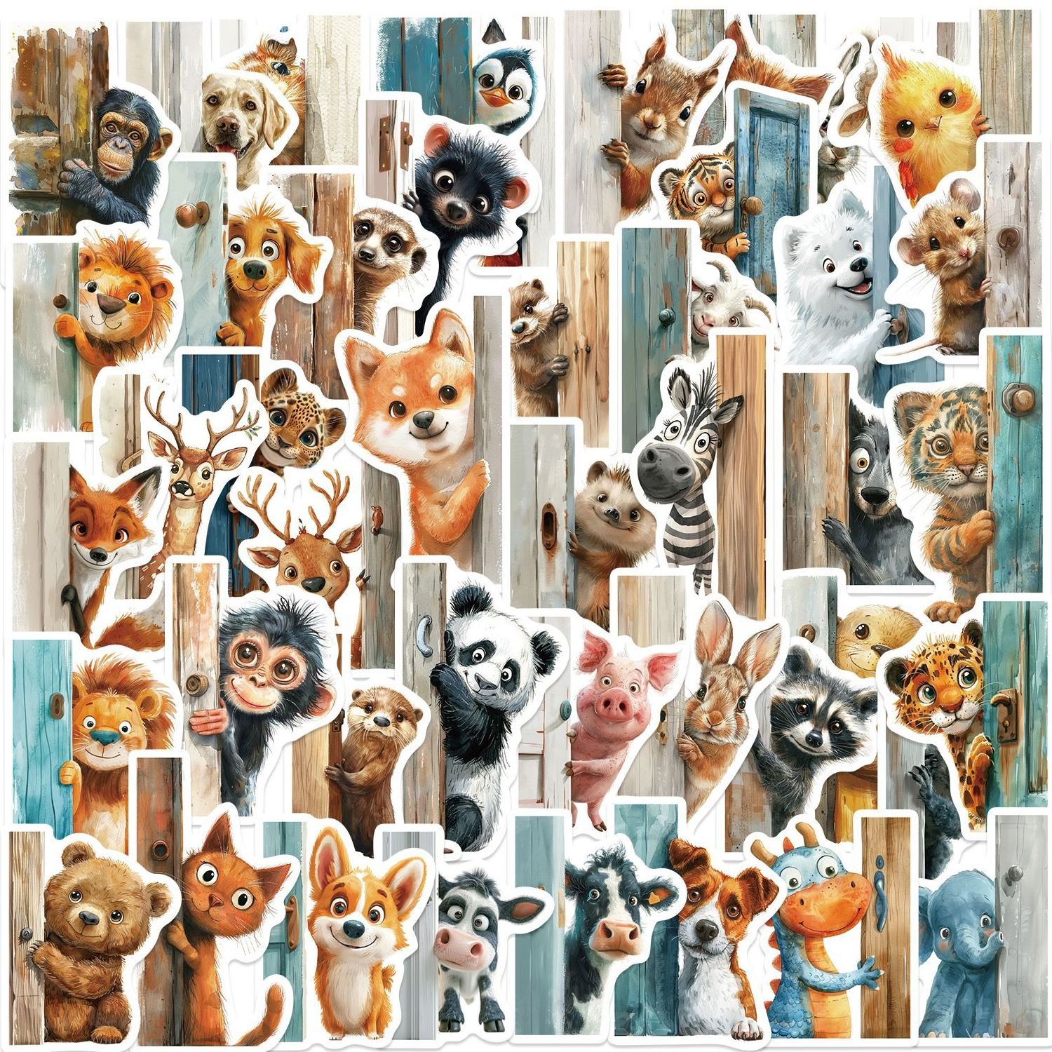 50Pcs Funny Animals Peeking Outside the Door Graffiti Stickers For Bedroom Wall Door Decor Vinyl Children Sticker