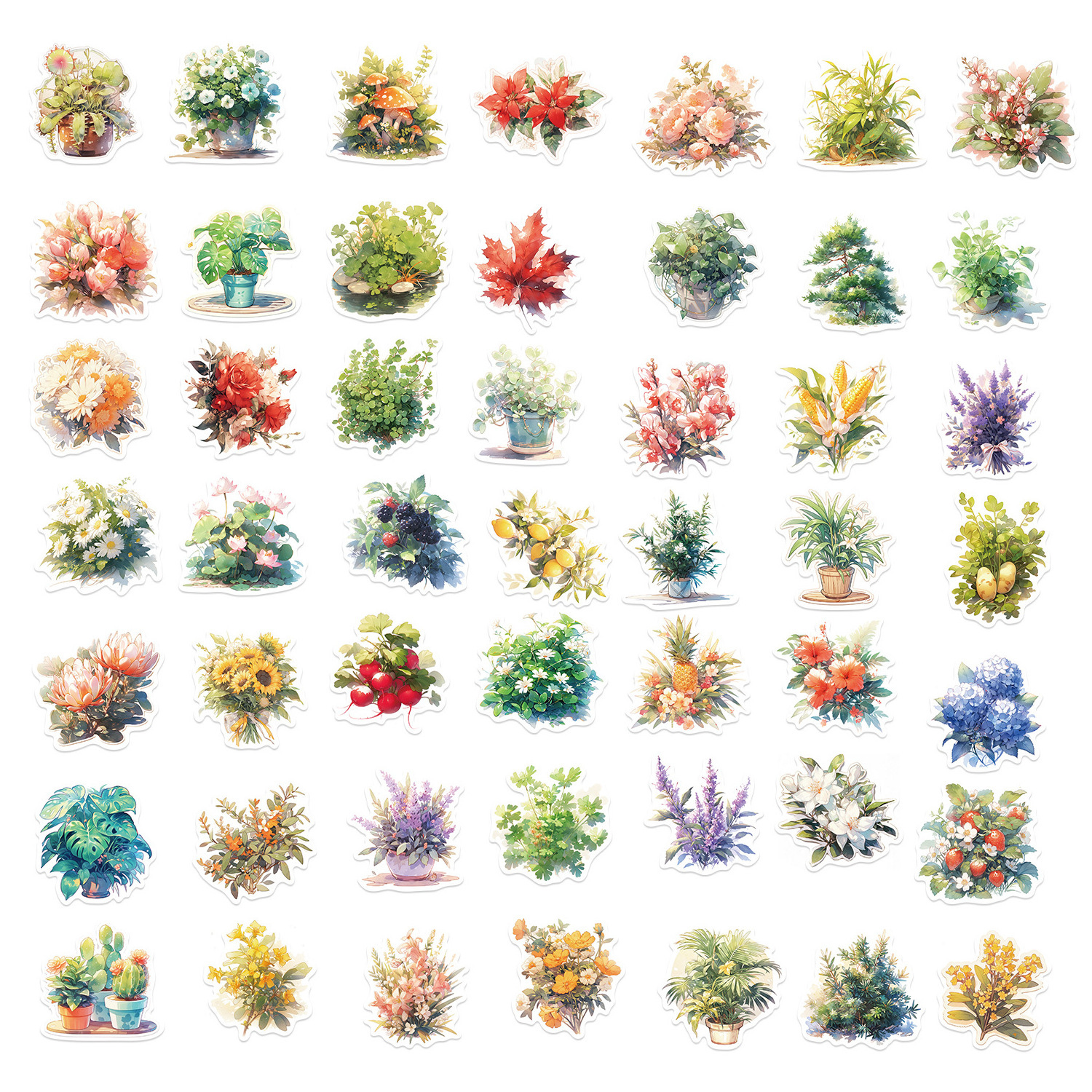 50PCS Watercolour freshness aesthetic flower colorful potted plant floral sticker