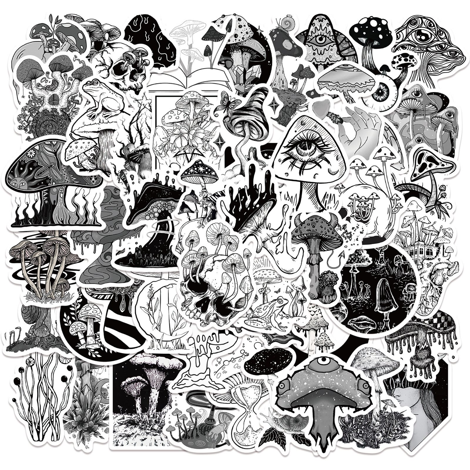 50PCS Gothic black and white magic mushrooms decor vinyl sticker for luggage notebook guitar mushroom cat tree sticker