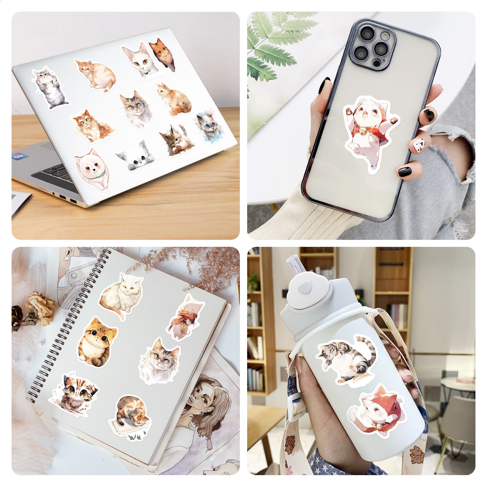 50Pcs Original Watercolor Cat Decal Graffiti Stickers For Wall Bottle Phone Vinyl Cute Cartoon Kitten Sticker