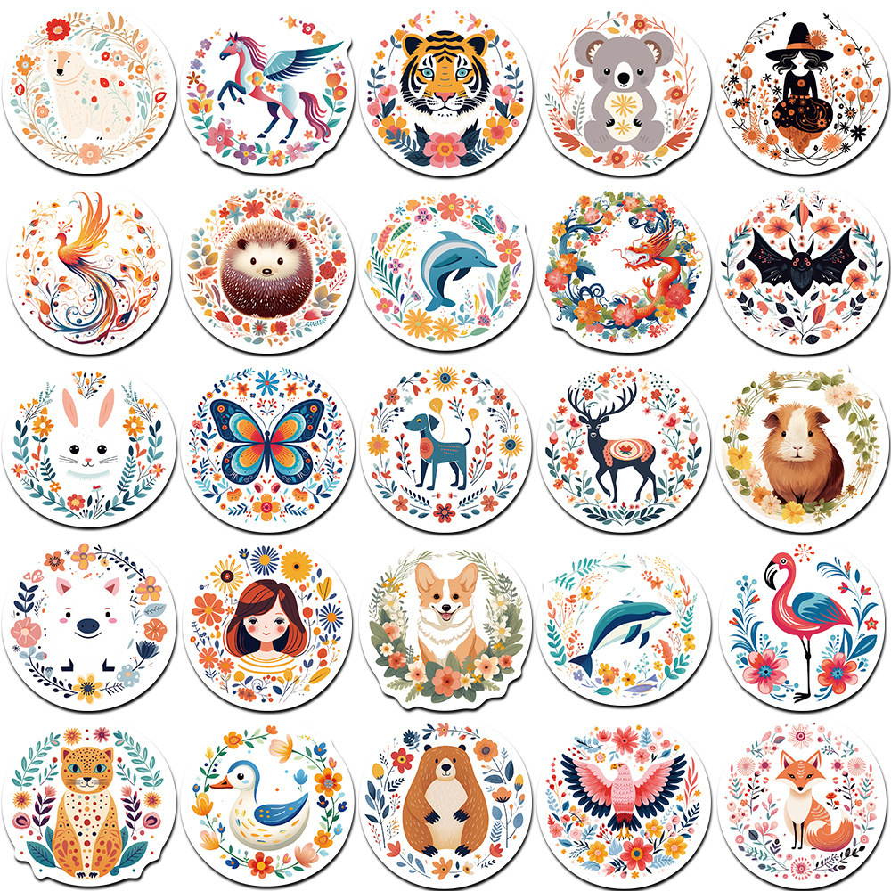 2024 New 50PCS BOHO style aesthetic cute animals seal decals waterproof round cartoon stickers