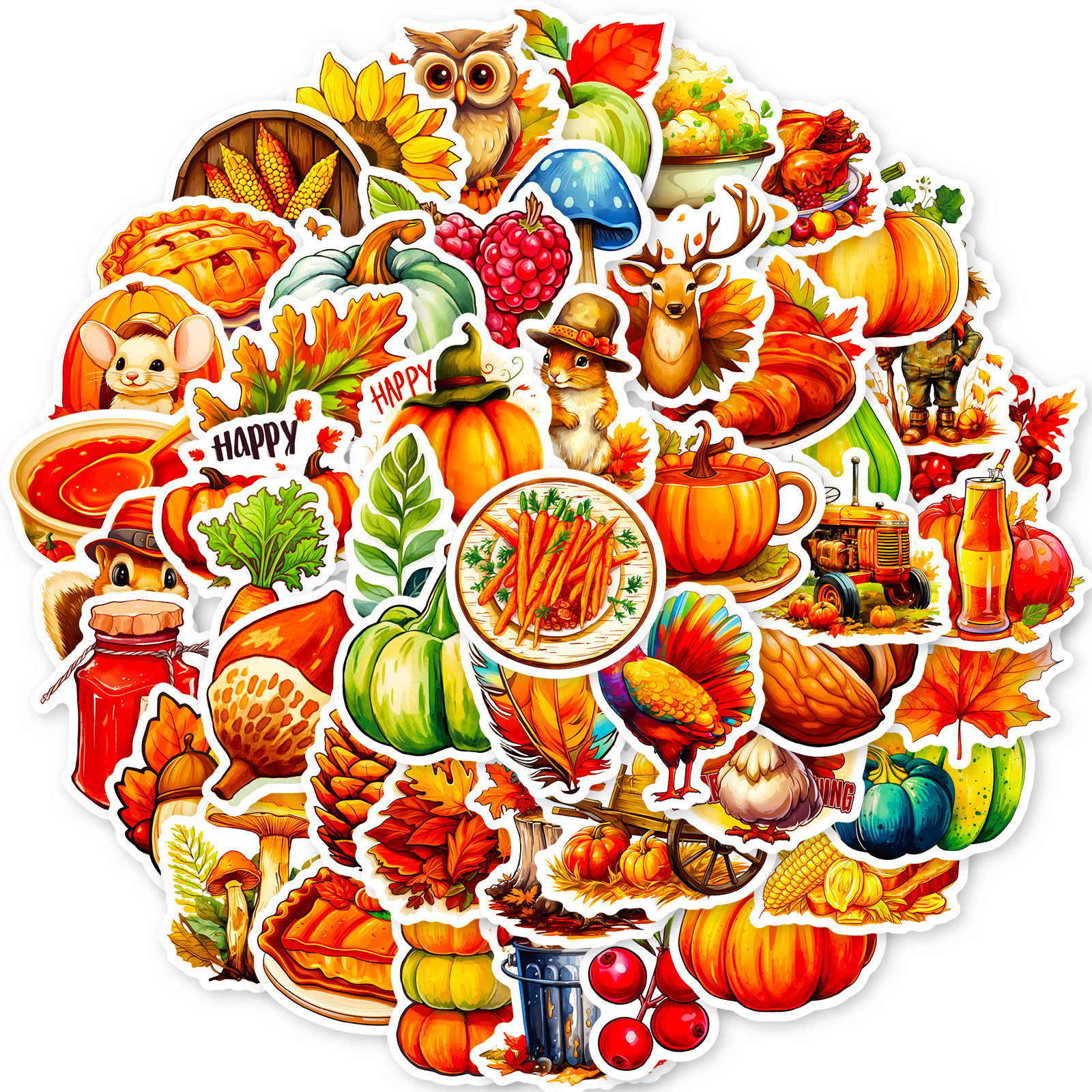 50pcs cartoon turkey decals fall autumn maple leaves pumpkin happy thanksgiving sticker