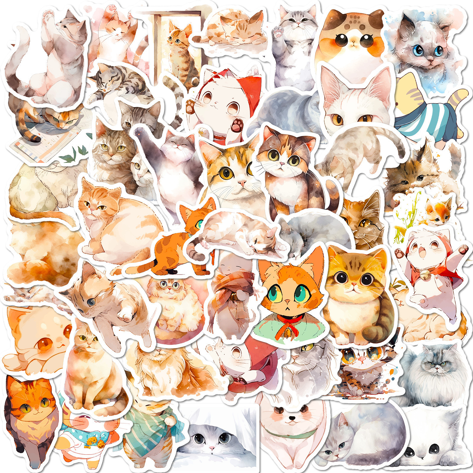 50Pcs Original Watercolor Cat Decal Graffiti Stickers For Wall Bottle Phone Vinyl Cute Cartoon Kitten Sticker