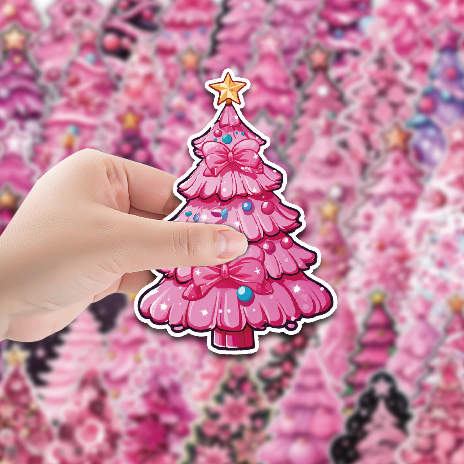 Newly 50PCS not repeat dreamlike girly Christmas decorative aesthetic cartoon pink xMas tree sticker