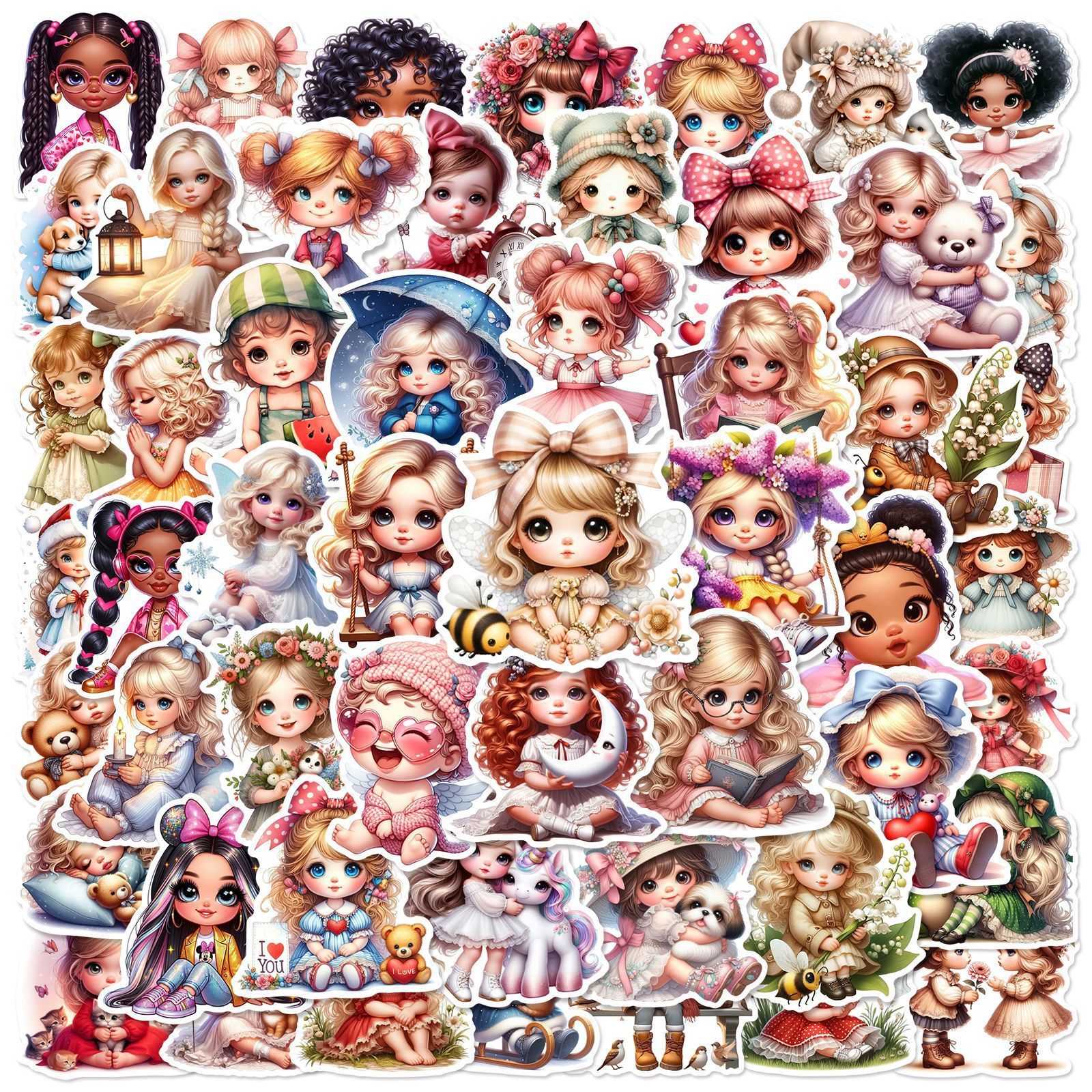 50Pcs Cartoon Little Girl Dolls Graffiti Stickers For Children Home Wall Bedroom Decor Cute Princess Sticker