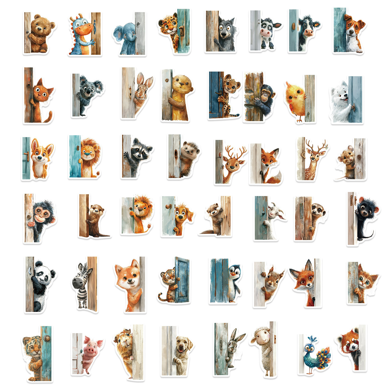 50Pcs Funny Animals Peeking Outside the Door Graffiti Stickers For Bedroom Wall Door Decor Vinyl Children Sticker