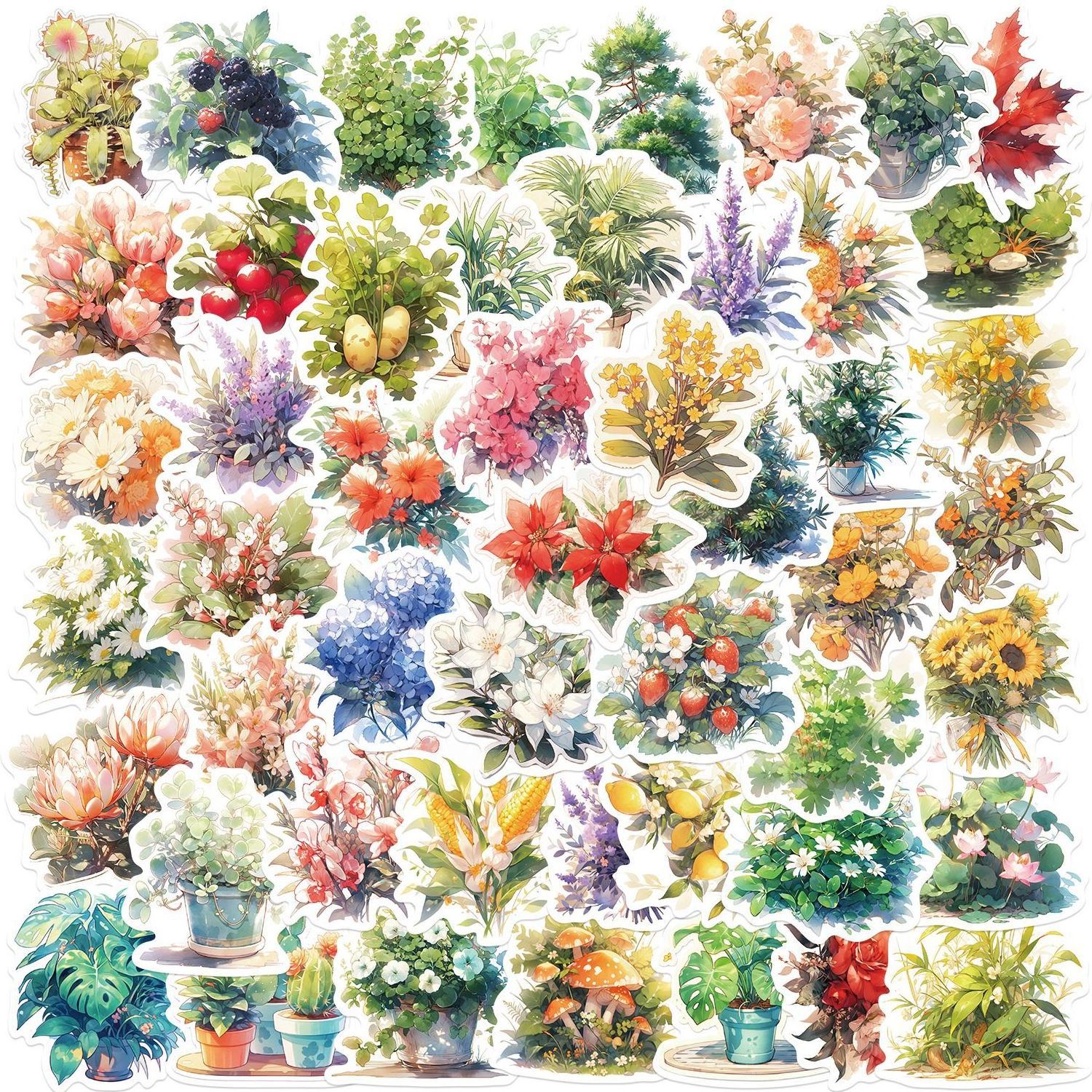 50PCS Watercolour freshness aesthetic flower colorful potted plant floral sticker