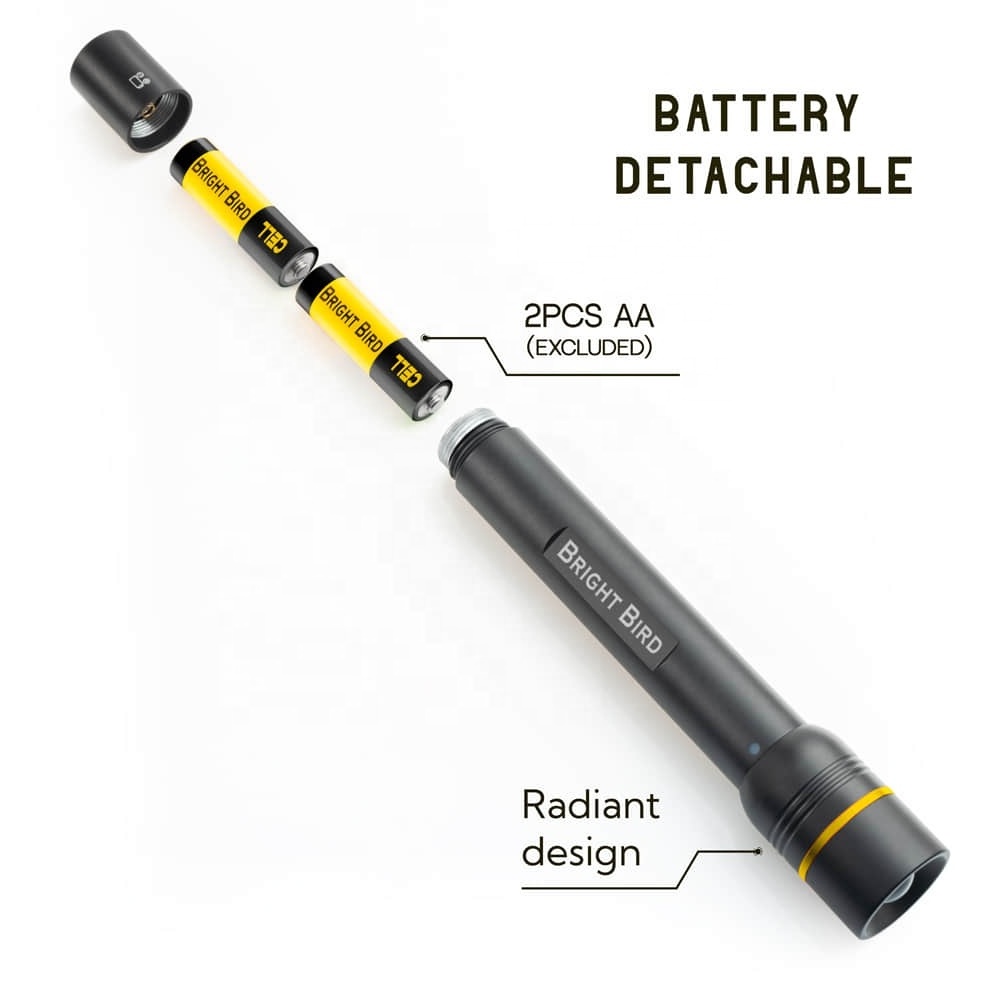 Bright Bird Aluminum Retractable Flashlight Waterproof Aa Battery Powered Flashlight Portable Led Flashlight For Camping Hiking