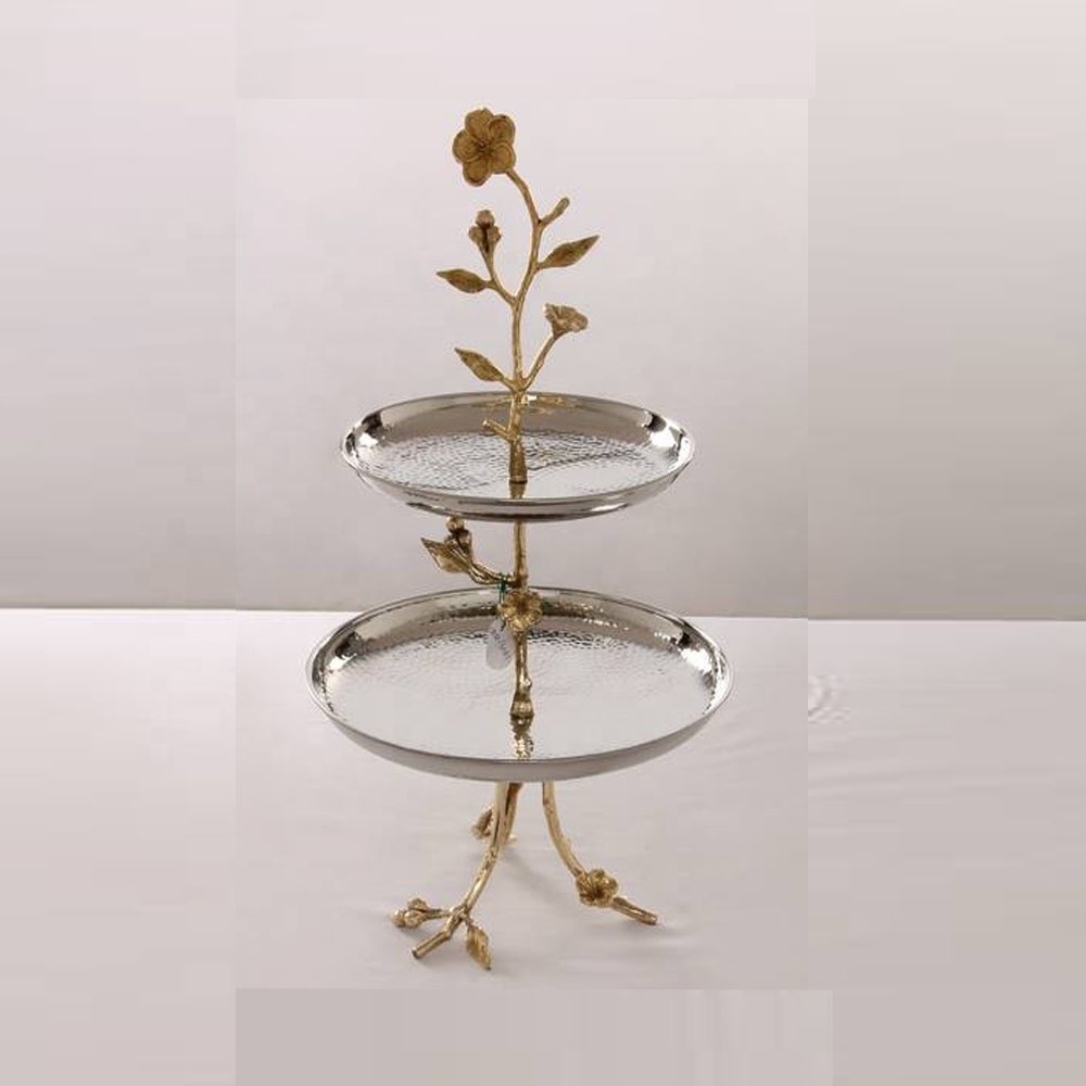 decorative folding multilevel cake stand Two Tire Cake Stand Round Aluminum and Brass Flourished With Leaf Design