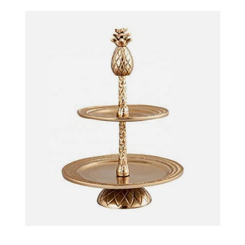 decorative folding multilevel cake stand Two Tire Cake Stand Round Aluminum and Brass Flourished With Leaf Design