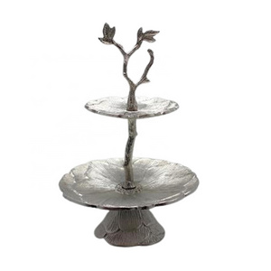 decorative folding multilevel cake stand Two Tire Cake Stand Round Aluminum and Brass Flourished With Leaf Design