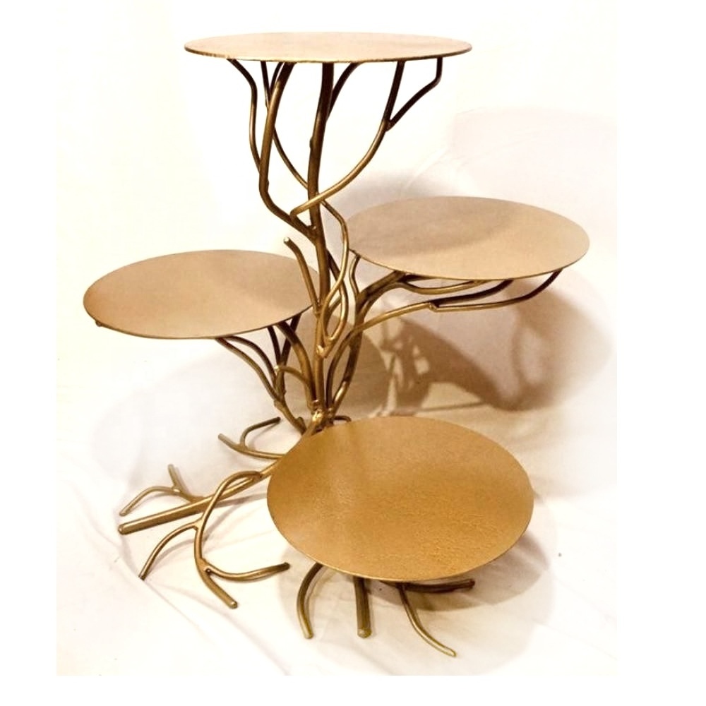 decorative folding multilevel cake stand Two Tire Cake Stand Round Aluminum and Brass Flourished With Leaf Design