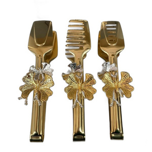 Unique Design Gold color Salad Cake Bread Food Tongs Kitchen Serving Utensils Set Stainless Steel For Buffet Party Catering use