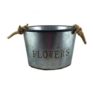 decorative metal flowers Flower Embossed Galvanized Metal Planter with Rope Handle metal flower baskets and planters