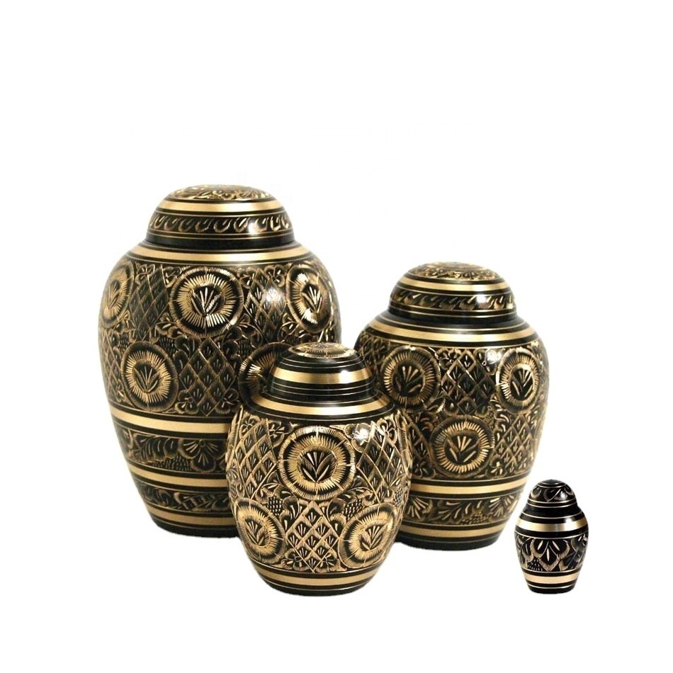 tall garden unique wholesale pet urns Solid Brass Urn with Hand Cut Black and Gold Design  urns for human ashes