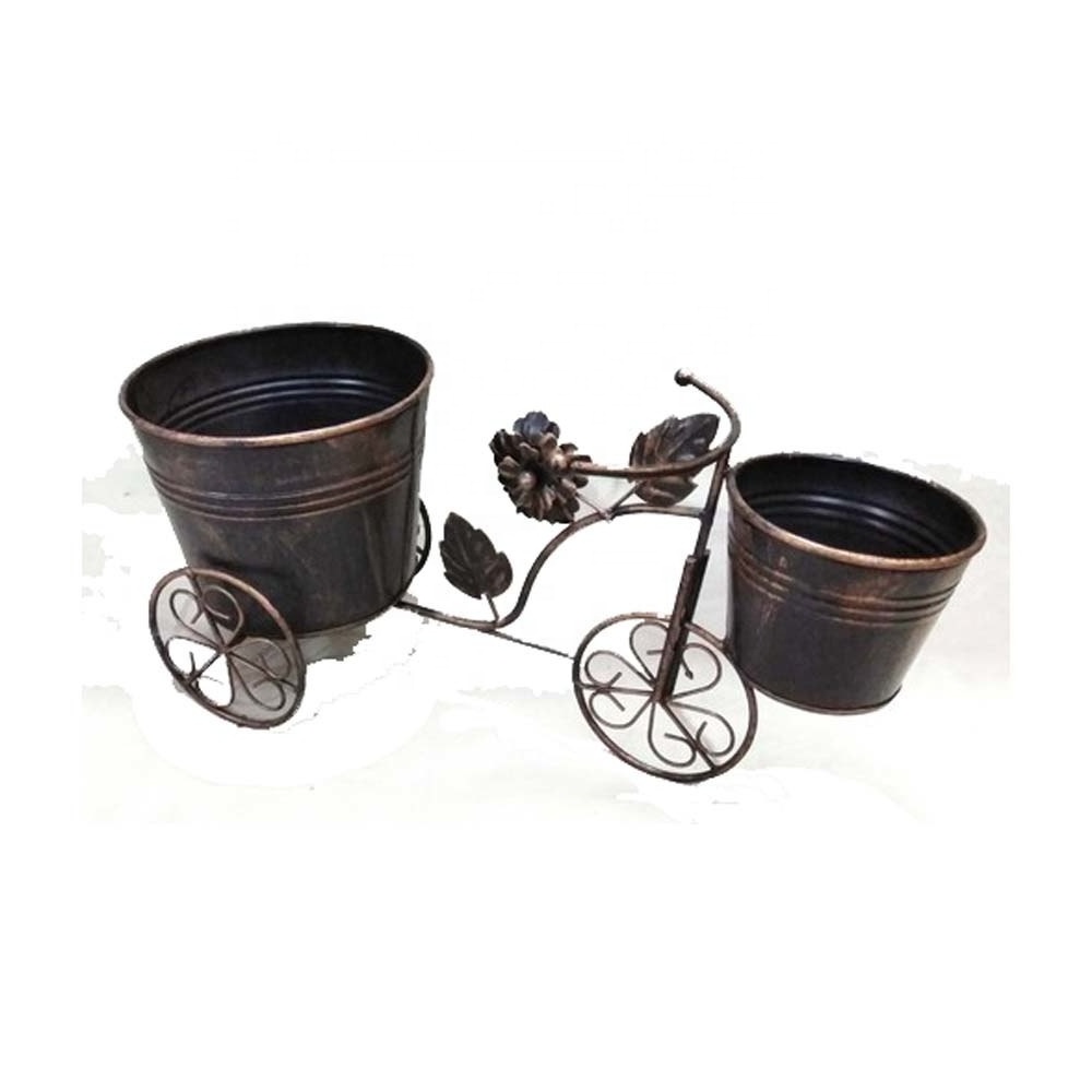 tricycle metal plant pot stand Iron Wire Tricycle 2 pot stand antique copper pot stand with wheels For Home Decor