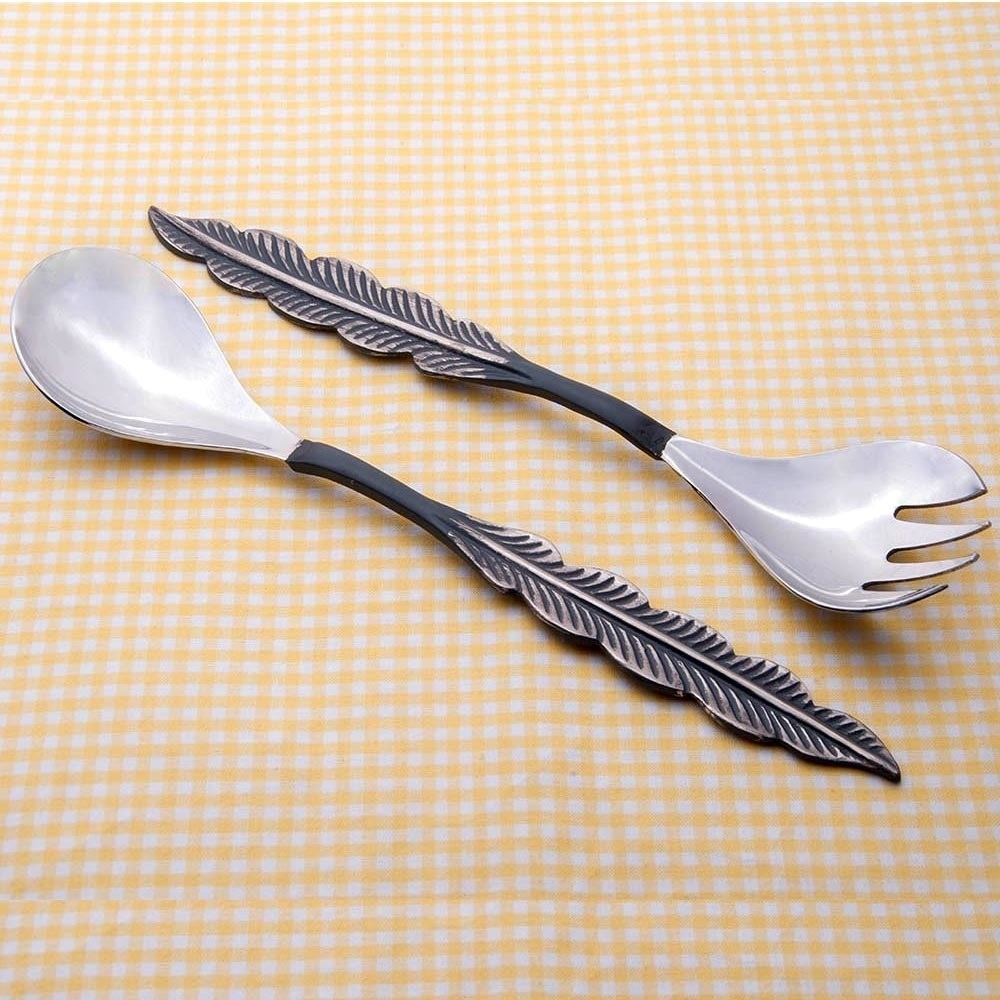 Wings Design Antique Salad Serving Set Buffet Party Kitchenware Slotted Service Spoons Set Large Stainless Steel Serving Spoon