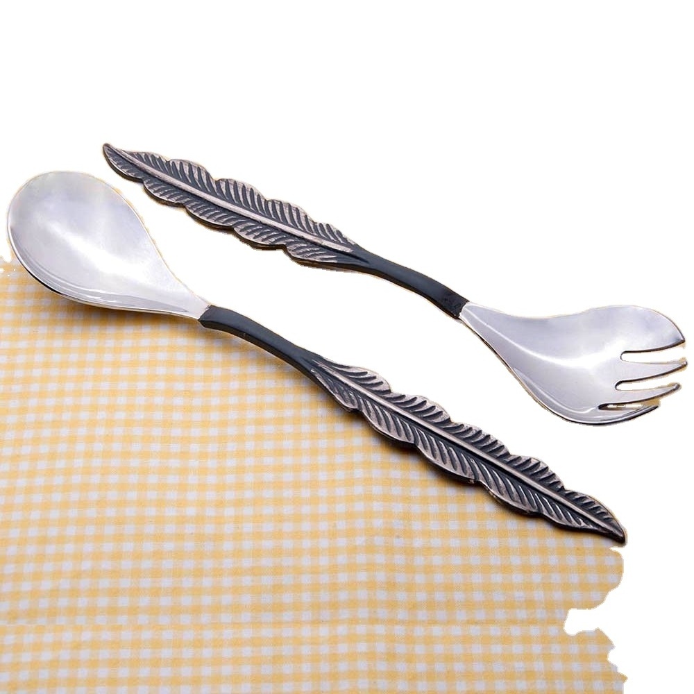 Wings Design Antique Salad Serving Set Buffet Party Kitchenware Slotted Service Spoons Set Large Stainless Steel Serving Spoon