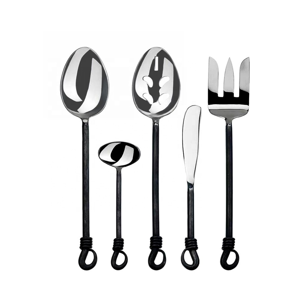 kitchen utensil sets food serving Stainless Steel Black Knot Handle Serving Utensil Set of silicone kitchen utensils