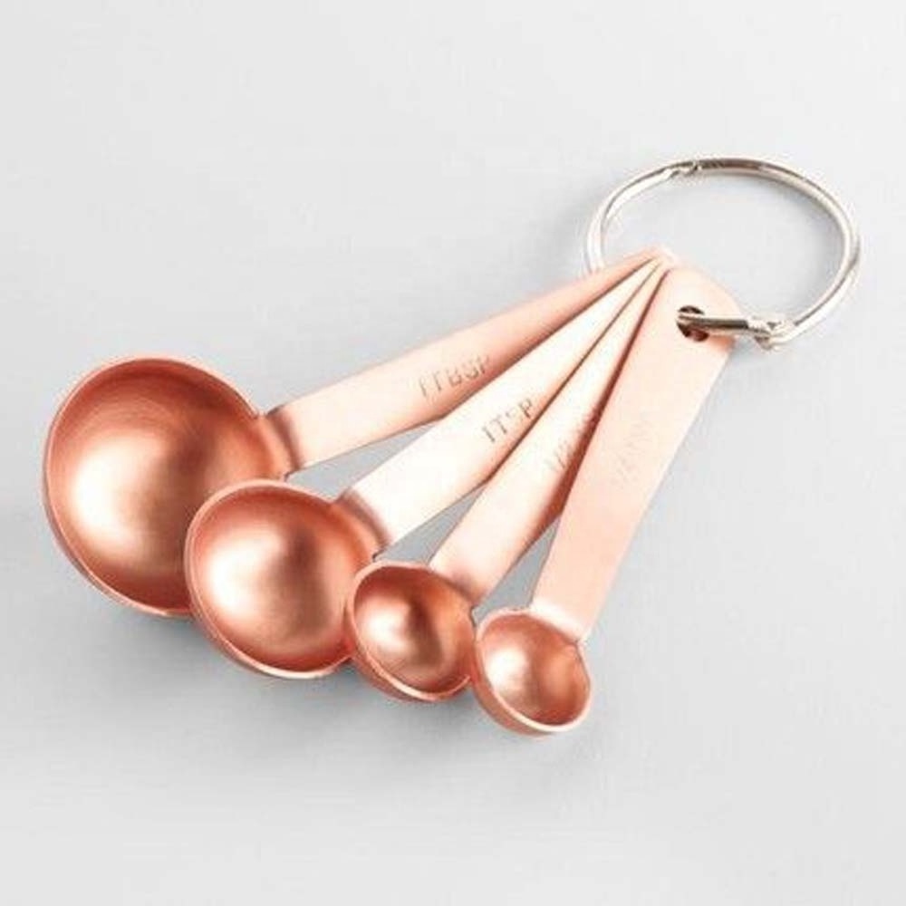 customize Named Measuring Flat With Hole End Design handle Stainless steel Gold polished Spicy Sugar Coffee measuring spoon set