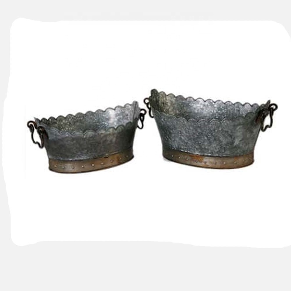 decorative metal flowers Flower Embossed Galvanized Metal Planter with Rope Handle metal flower baskets and planters