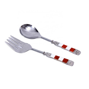 salad serving spoon and fork Stainless Steel with Red and White Resin Handle Salad Serving Set Kitchen gadgets