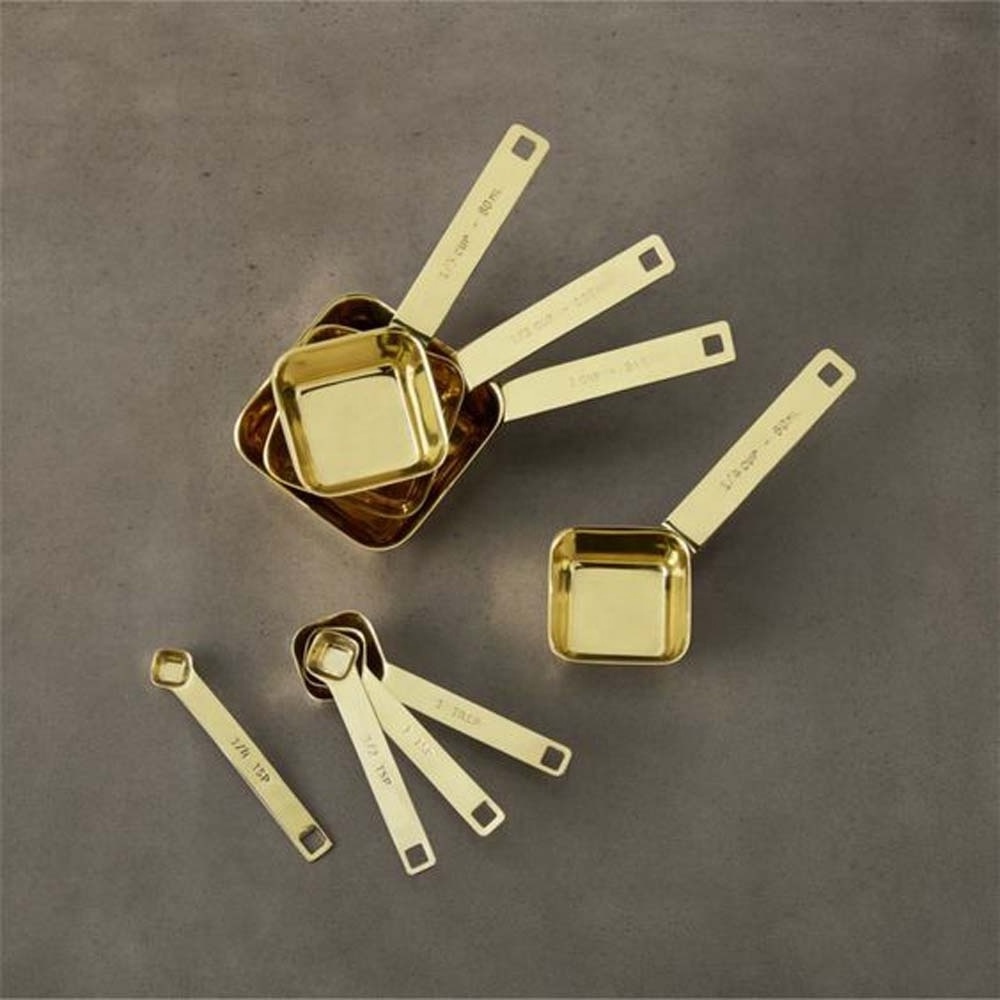 customize Named Measuring Flat With Hole End Design handle Stainless steel Gold polished Spicy Sugar Coffee measuring spoon set