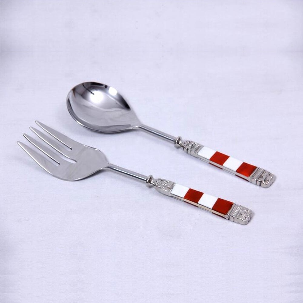 salad serving spoon and fork Stainless Steel with Red and White Resin Handle Salad Serving Set Kitchen gadgets