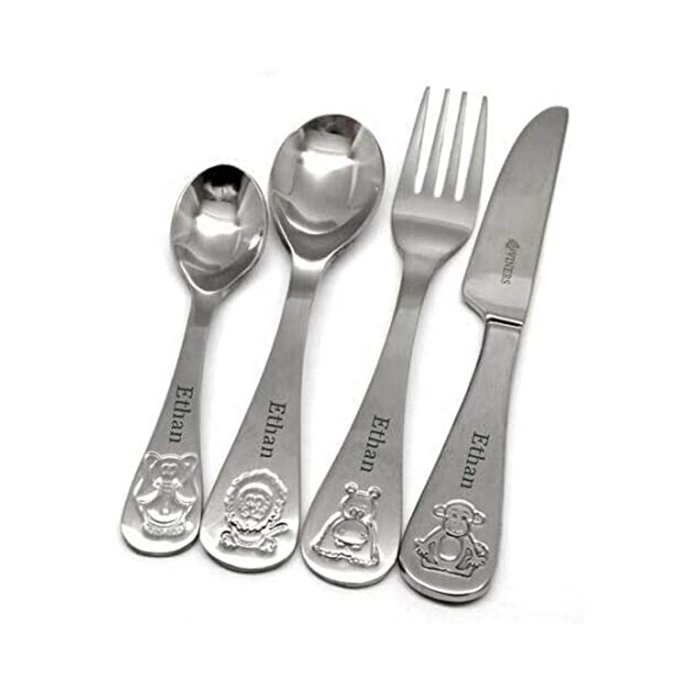 Stainless Steel Unique Kitchen Flatware customize Named Mini Children Cutlery in Gift box inexpensive flatware sets