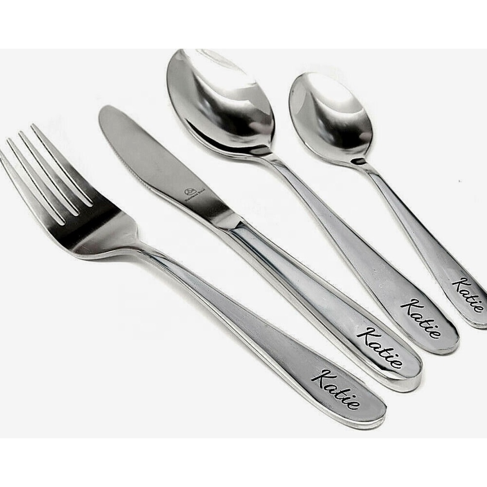 Stainless Steel Unique Kitchen Flatware customize Named Mini Children Cutlery in Gift box inexpensive flatware sets