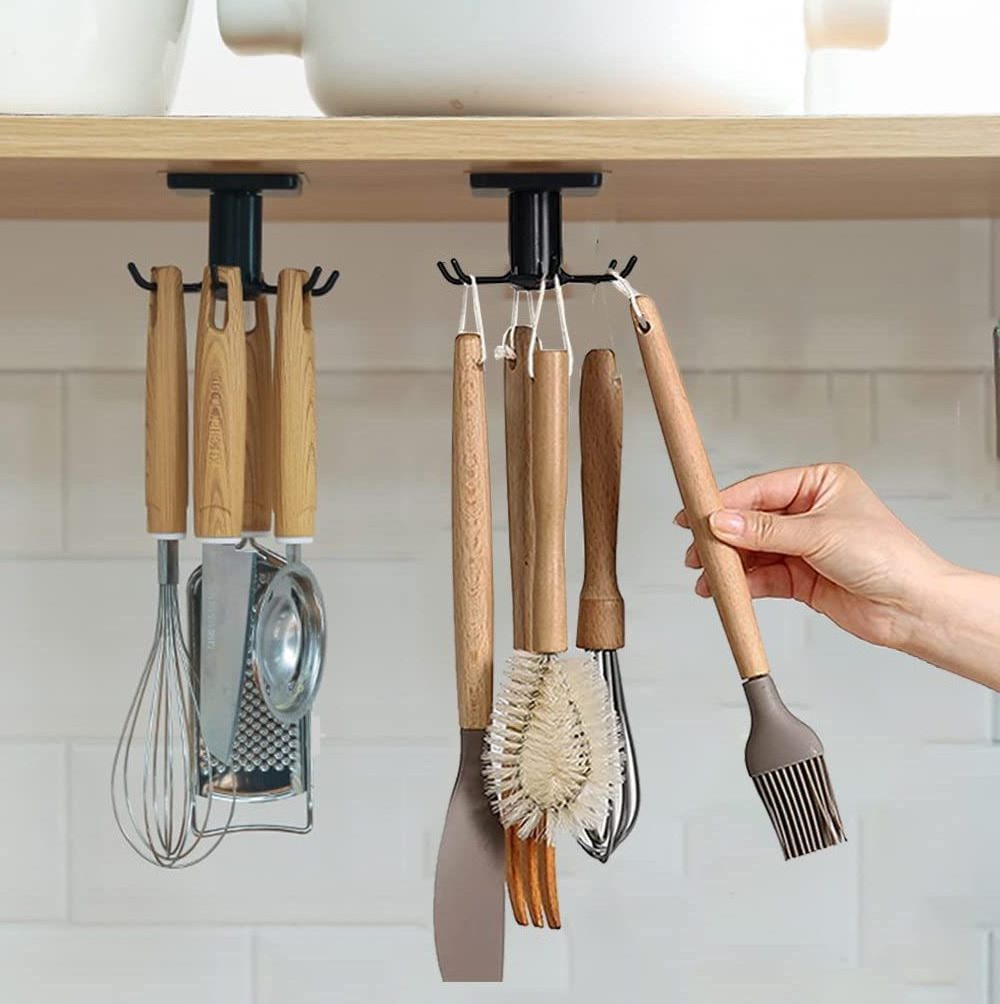 kitchen hanging rack wall rotary swivel hook towel tools storage holder under cabinet utensil with 6 hooks for knives spoon pot