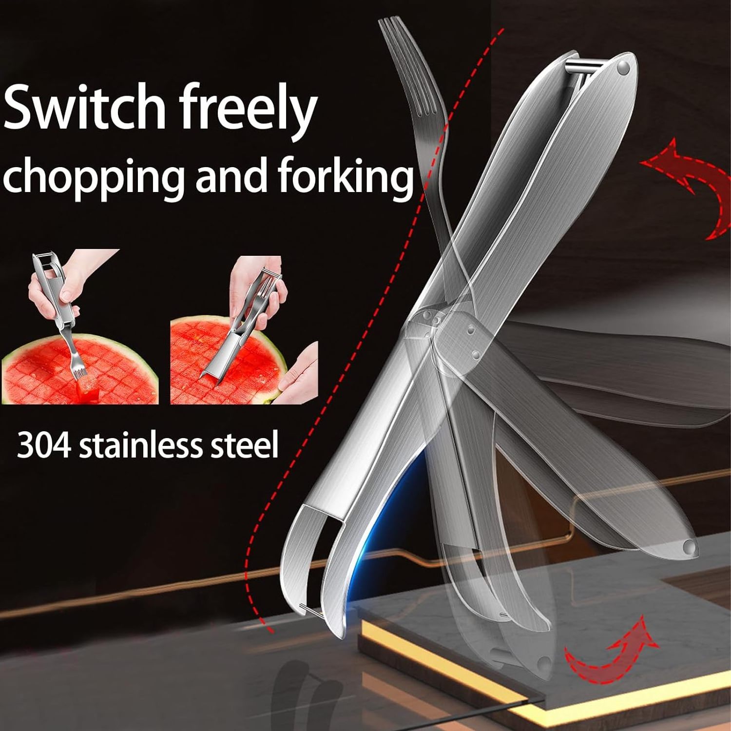 2-in-1 Stainless Steel Watermelon Fork Slicer Cutter Fruit Cutter Tools Stainless Steel Fruit Fork Melon Cube Cutter