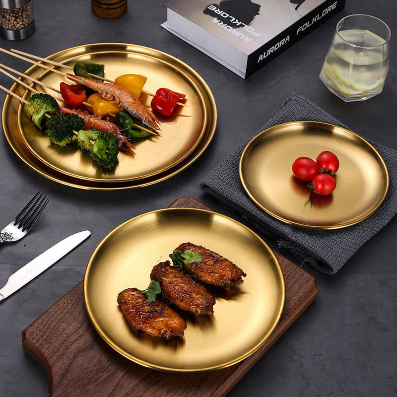 High Quality Round Korean Style 304 Stainless Steel Tableware Plates Dish Dinner Metal Food Serving tray