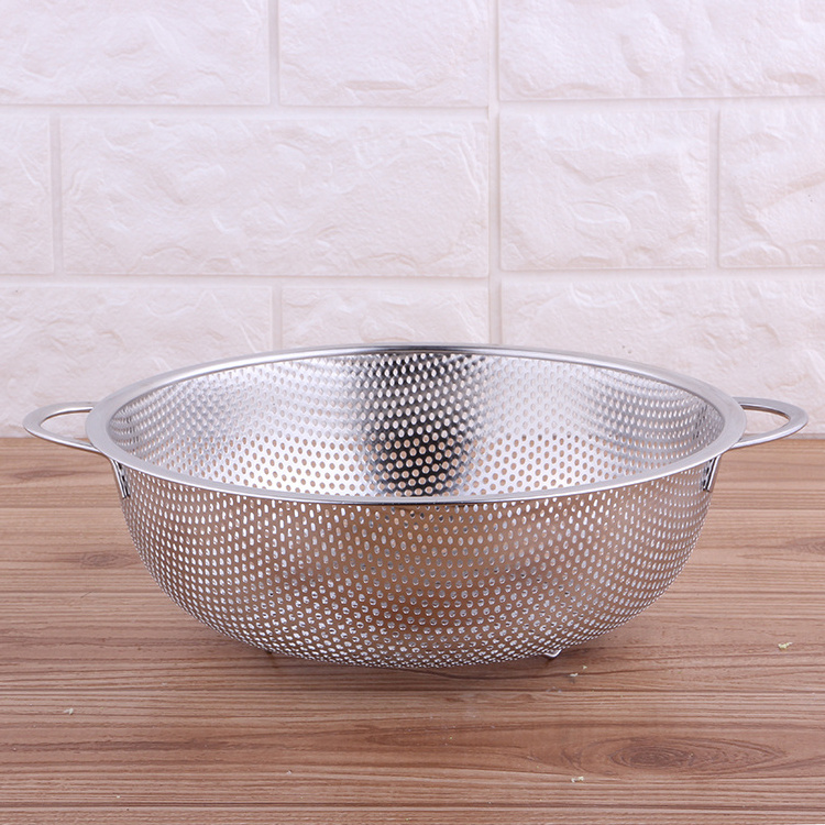 Stainless Steel Mesh Colander with Two Square Lug Kitchen Mesh Big Fruit Vegetable Colander with Handle