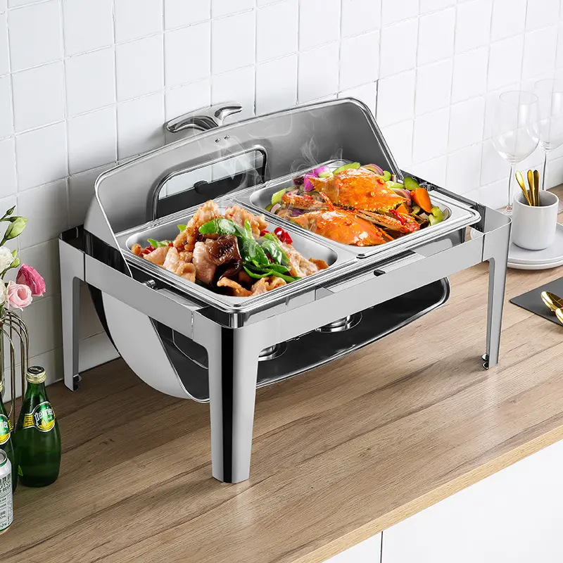 Stainless steel Roll top Chafing dish food warmer with visible Glass chafer dish buffet sets