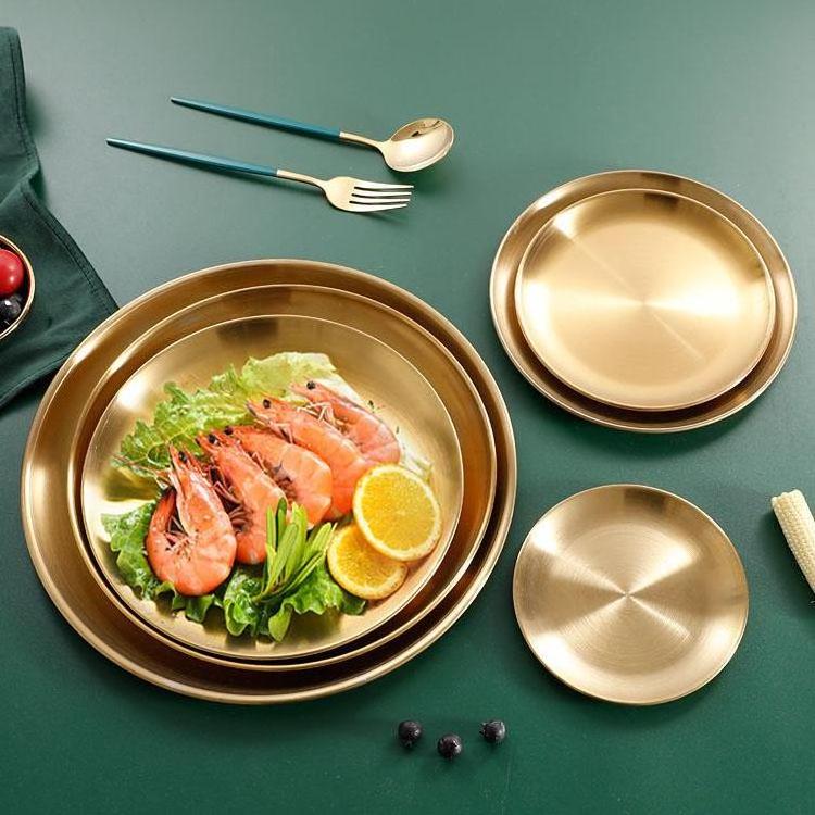 High Quality Round Korean Style 304 Stainless Steel Tableware Plates Dish Dinner Metal Food Serving tray