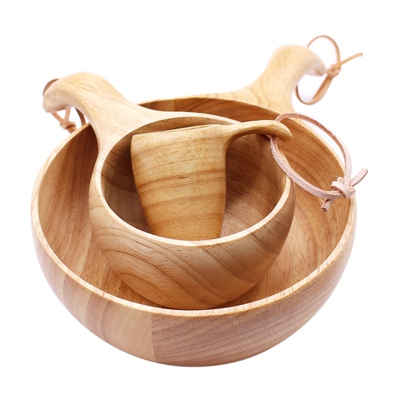 Kuksa Nordic Style Rubber Wood Outdoor Tableware Coffee Cup Salad Bowl with Handle