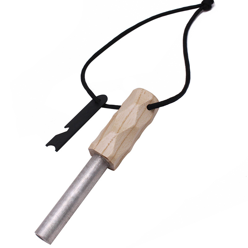 Camping Accessories Waterproof Emergency Survival Magnesium Combo Flint Fire Starter Ferro Rod with Wood Grip Handle