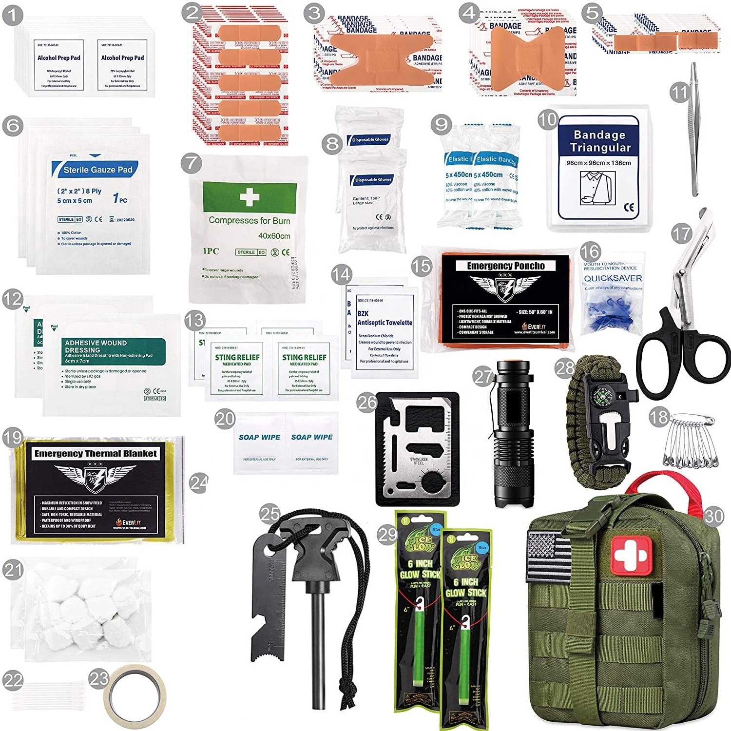 250 Pieces Molle Portable IFAK Survival Kit Emergency Kit Outdoor for Earthquake Hurricanes