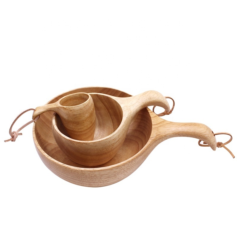 Kuksa Nordic Style Rubber Wood Outdoor Tableware Coffee Cup Salad Bowl with Handle