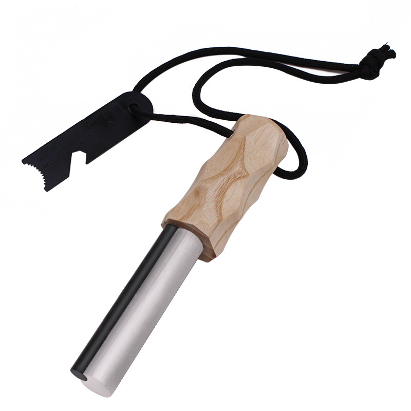 Camping Accessories Waterproof Emergency Survival Magnesium Combo Flint Fire Starter Ferro Rod with Wood Grip Handle