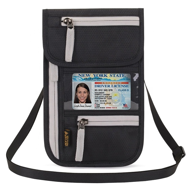 Custom Nylon RFID Blocking Security Travel Conference Neck Wallet Pouch Badge Holder Organizer Bag Passport Bag