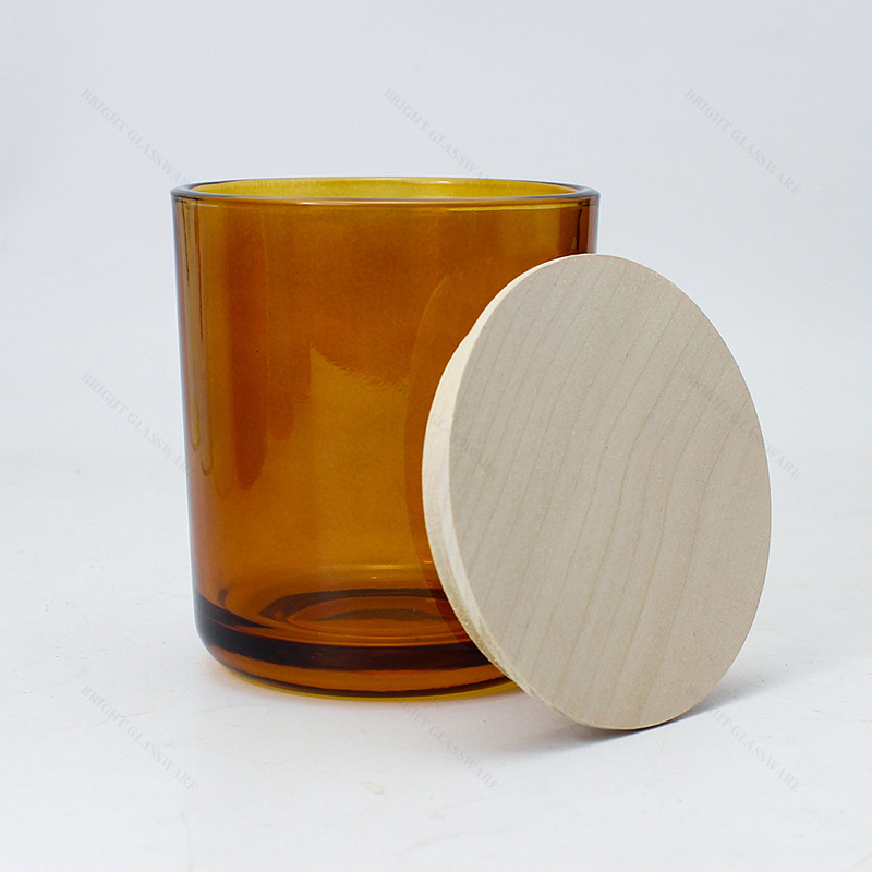 Wooden Wick Supplier Glass Candle Holders 8oz 12oz Curved Vessels Unique Amber Black Candle Jars Luxury With Wood Lid Wholesale