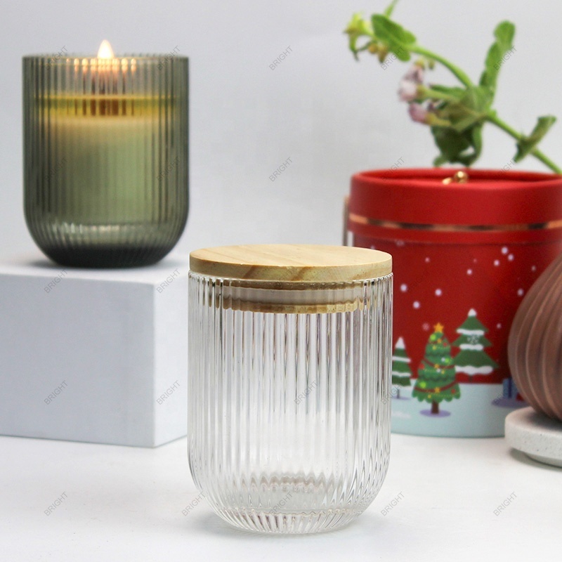 Custom Color Empty Ribbed Round Bottom Luxury Glass Jar Candle Jar with Lid Candle Jars For Wedding Decoration