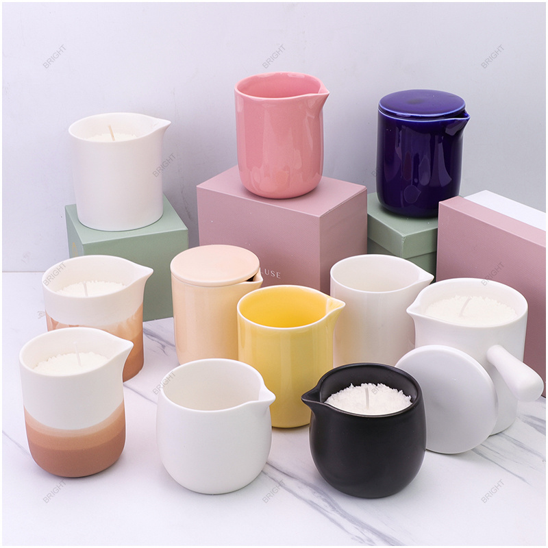 Factory Luxury Spa Treatment Wholesale Scented Candle S0y Wax Container Empty Spout White Ceramic Massage Candle Jar