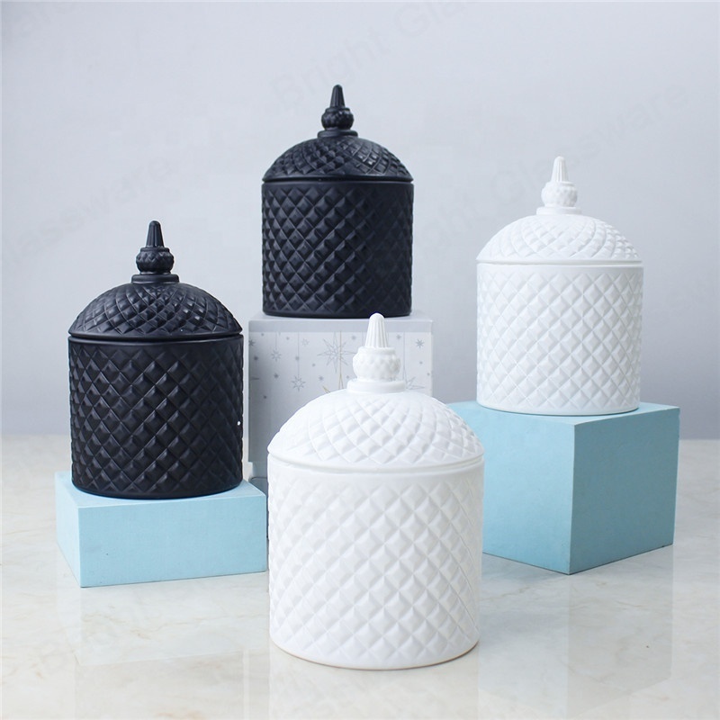 Wholesale 500ml Matte Black White Crystal Geo Cut Glass Candle Jar Empty Glass Storage Jars With Lid And Box