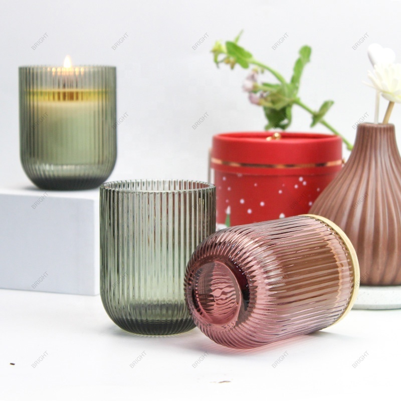 Custom Color Empty Ribbed Round Bottom Luxury Glass Jar Candle Jar with Lid Candle Jars For Wedding Decoration